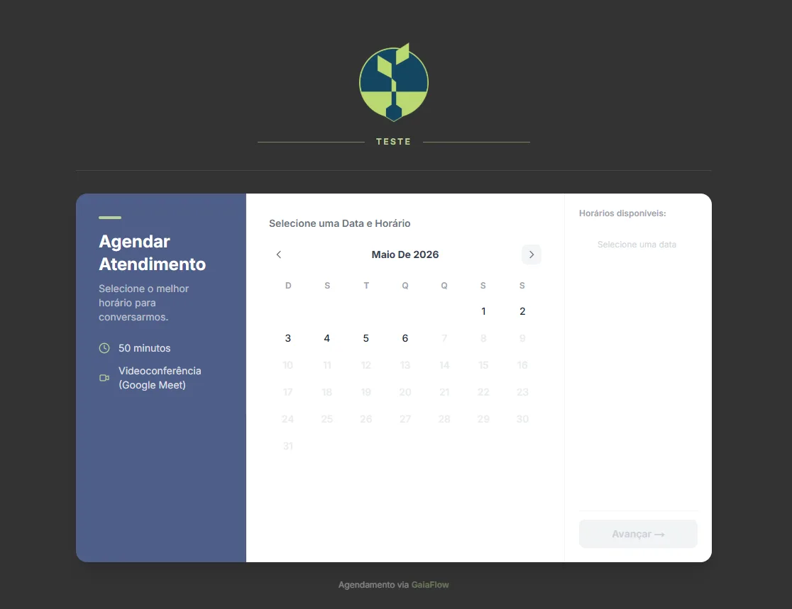Tela de agendamento do cliente no GaiaFlow