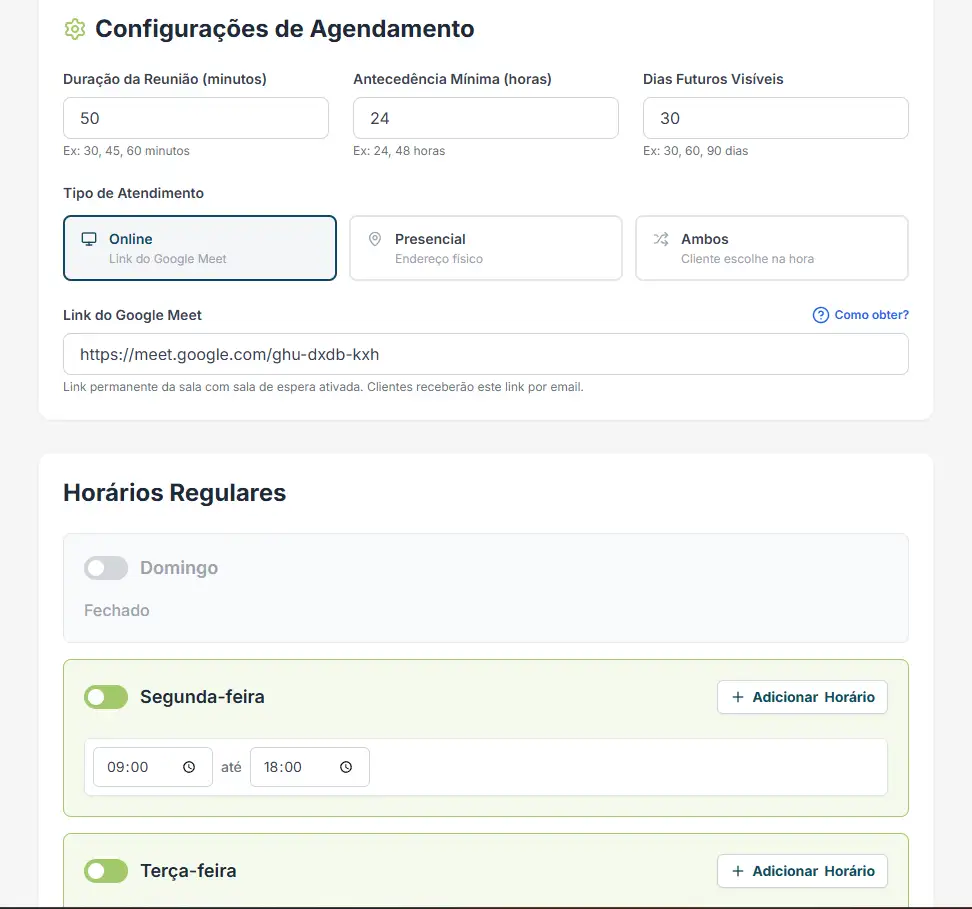 Tela de configurações de agendamento do GaiaFlow